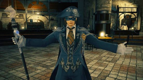 You can now one-shot FFXIV's oldest, scariest raid boss: A man in a blue masquerade mask wearing a blue Steampunk style jacket and a pirate-style hat stands in a cobblestoned, candlelit room
