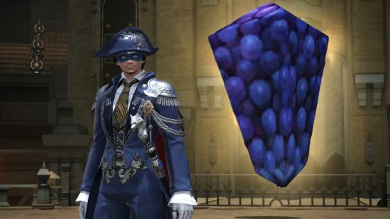 You can get FFXIV's low-poly grapes IRL, and they're squishy: A man wearing blue naval gear looks over at a glowing bunch of low poly grapes that floats