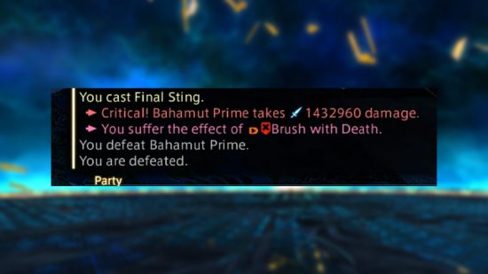 An image showing an FFXIV chatlog where one player uses an ability called 'Final Sting' and kills 'Bahamut Prime'