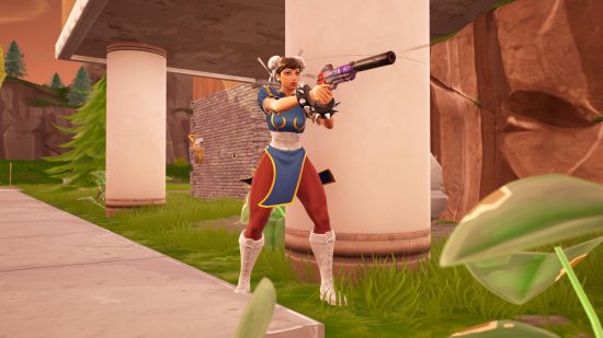 Fortnite guns weapons - Chun-Li i firing a silenced pistol at an off-screen enemy from under the supports of a house in Pleasant Park.