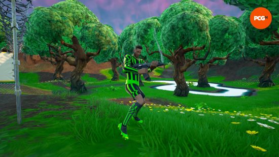A soccer player is firing an SMG, one of the Fortnite guns and weapons in Season OG.