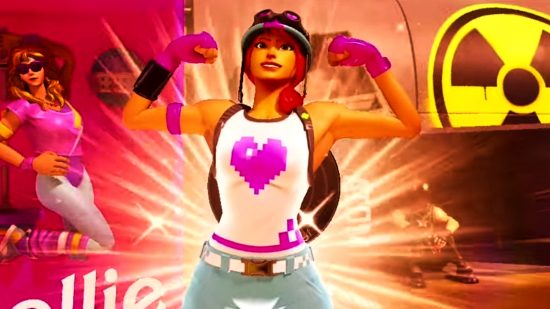 Fortnite Barbenheimer Map - a person in a pink-hearted shirt and military helmet flexes in front of iconography from the Barbie and Oppenheimer movies.