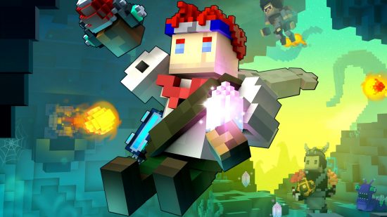Free games like Minecraft: a blocky red-haired character swings through a cave in Trove.