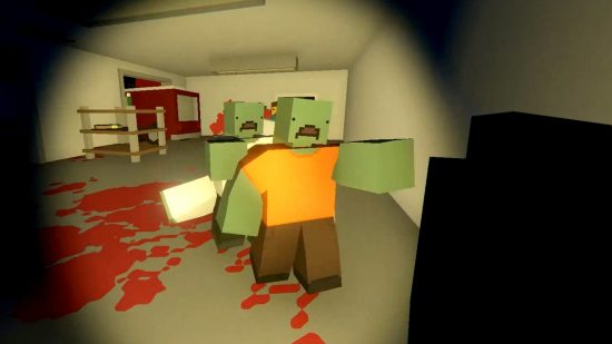Blocky zombies walk toward the player in one of the best free games like Minecraft, Unturned.