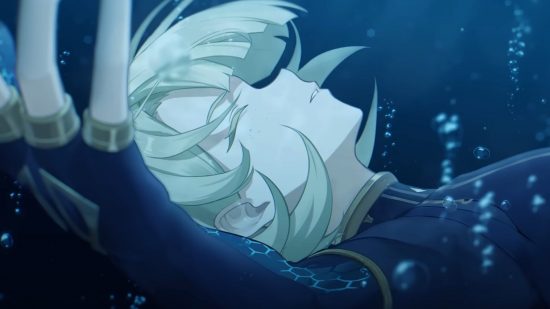 Freminet, the eponymous character on the Genshin Impact Freminet banner, closes his eyes as he sinks beneath the surface of Fontaine's ocean.