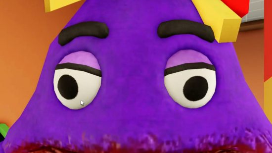 Grimace Shake codes: A close up of to wide eyes on the front of a large purple fact, Grimace's face, with the remnants of ketchup staining its mouth.
