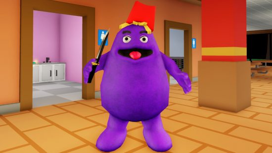 Grimace Shake codes: A purple Grimace stands in front of the bathroom in a fast food restaurant, wielding a knife in its right hand, and wearing a fries hat.