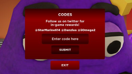A screen showing how to redeem Grimace Shake codes in the roblox game, with Grimace's eyes close up on their large purple face in the background.