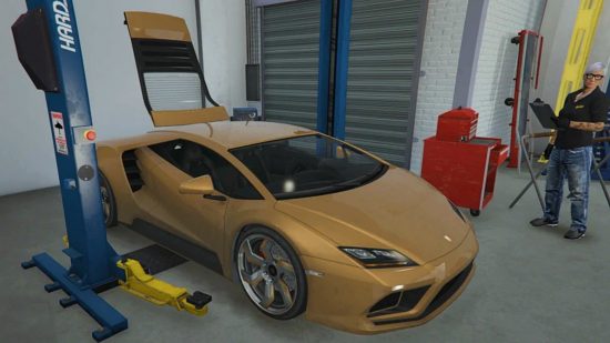 GTA Online - a supercar on the rack in an auto shop.