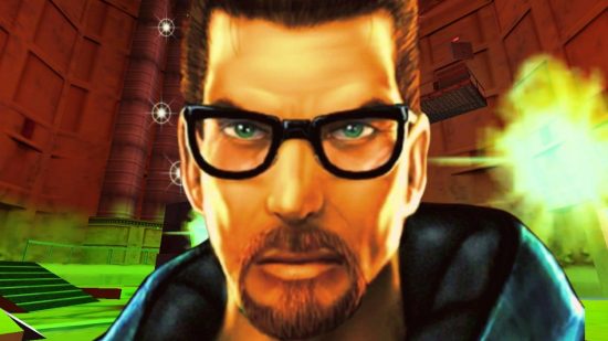 Half-Life characters: A scientist in glasses, Gordon Freeman from Valve FPS game Half-Life