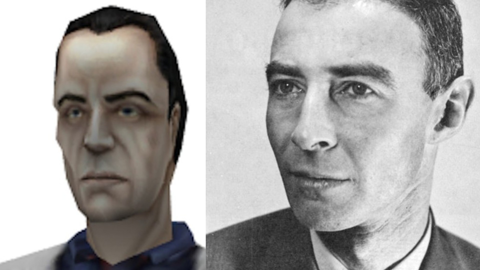 Half-Life characters: A scientist from Valve FPS game Half-Life next to Robert Oppenheimer