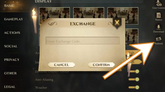 Una interfaz de juego para Harry Potter Magic Awakened muestra un cuadro para ingresar códigos para obsequios