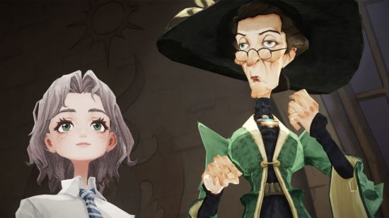 A Harry Potter Magic Awakened character stands beside Professor McGonagall who wears green robes and a witch hat