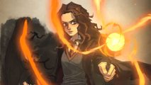 A character from Harry Potter Magic Awakened stands waving her wand casting a spell that shoots out a ball of yellow light