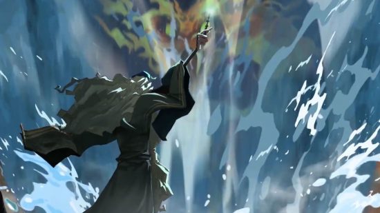 Harry Potter Magic Awakened tier list: A wizard holds his wand high in the air as a huge wall of water cascades towards him