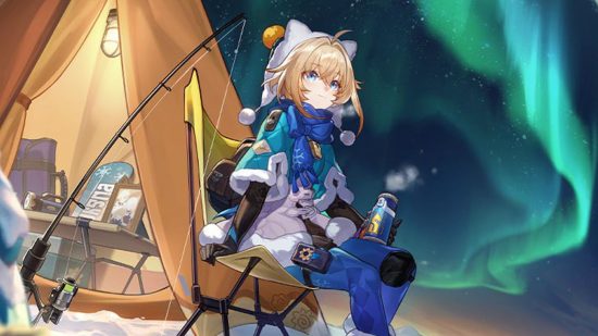 Lynx, one of the latest Honkai Star Rail characters, sits on a camping chair with a flask of hot cocoa while ice fishinga a gazing up at the aurora lighting up the night sky.