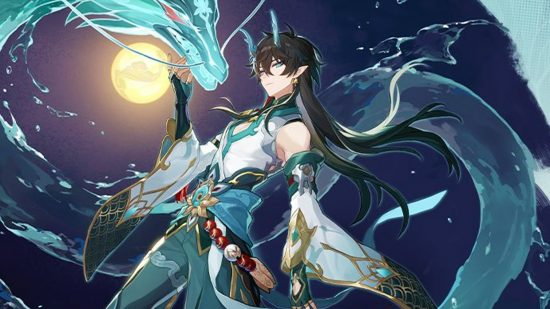 An anime man with long dark hair wearing white traditional clothes reaching out his hand to a dragon summoned from water in front of a glowing moon