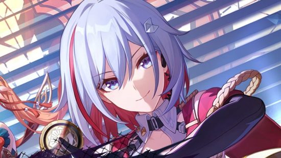 Topaz, a headline five-star character on the latest Honkai Star Rail banners, as she appears on the official art for the 1.4 update, holding up a shining coin retrieved by her pet Warp Trotter.