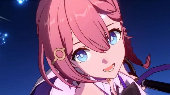 Asta, one of the many characters that appear on our Honkai Star Rail tier list, smiles brightly at the viewer as she swings her staff to performs her ultimate.