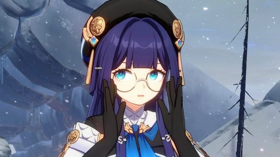 Pela, one of the characters on our Honkai Star Rail tier list, nervously adjusts her large jam-jar glasses as she converses in the desolate, snowy plains outside of Belobog.