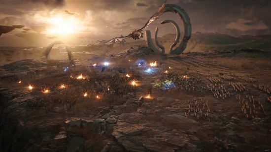 Immortals of Aveum release date: a raging battle on rocky terrain with a dragon flying overhead.