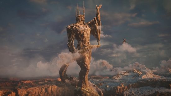 Immortals of Aveum release date: a huge statue stands in the middle of a rocky plain.