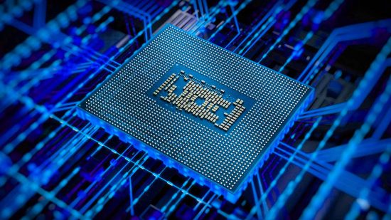 Intel 14th Gen release date: an Intel Core chip rests in a socket with blue lights surrounding it.