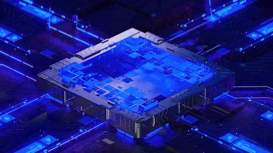 Intel 14th Gen release date: a matrix of blue lights surrounds some high tech computer hardware.
