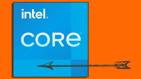 Intel Arrow Lake CPU leak: the Intel Core logo appears against an orange background with an arrow pointing to it.