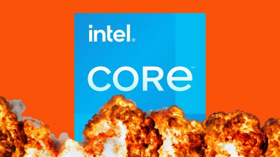 Intel Core i7 14700K leaked release date: Intel Core logo appears in front of an orange background with bright orange fire below it,