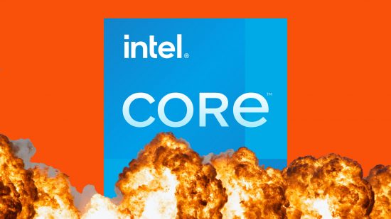 Intel Core i7 14700k specs leak: Intel Core logo appears against an orange background with fire below.