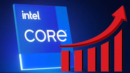 Intel 14th Gen release date speculation Intel Core logo appears on a dark blue background with a graph going upwards next to it.