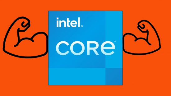 Intel Core i9 14900KS leak: Intel Core logo appears with muscular cartoonish arms against a black background.