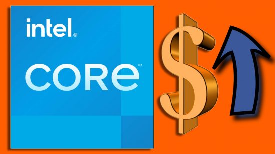 Intel CPU price hike restructure: Intel Core logo appears next to a dollar sign and upward-pointing arrow against an orange background.