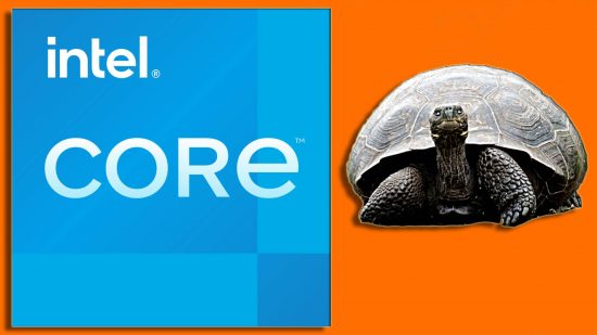 Intel Raptor Lake Refresh specs leak cores: Intel Core CPU logo appears next to a tortoise against an orange background.