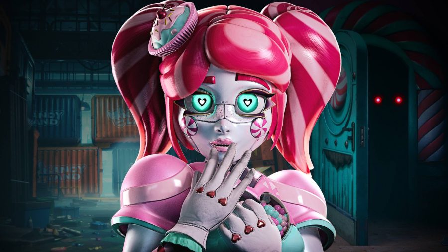 Kandyland: A robotic woman with pink pigtails stands with her hand over her mouth looking at the camera