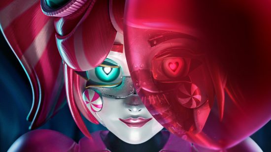 Kandyland is Five Nights At Freddy's, but with a secret: An animatronic robot girl with pink hair and glowing blue eyes holds up a pink balloon covering half of her face as she stares into the camera