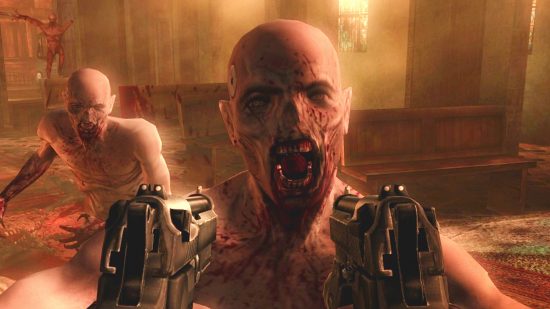 Two handguns point at the face of a terrifying enemy in Killing Floor.