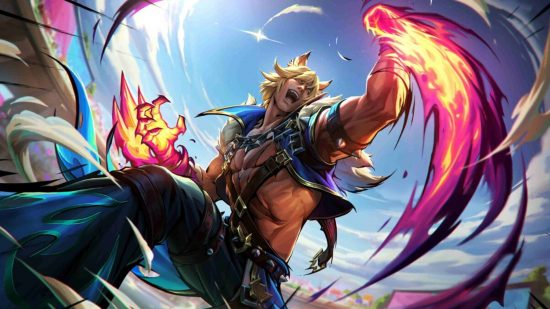 League of Legends Arena stole April Fool's most useless but most amazing item: A handsome, muscled man with blond shaggy hair and cat ears punches upwards with light flaring around his hands