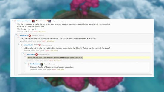 A Reddit comment from Riot Games LoL mode developer Maxw3ll discussing hats in the new mode on a colorful background with cherry blossoms