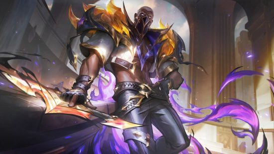 League of Legends Arena mode was "rushed out," for the right reasons: A black man with white hair and glowing eyes has his faced covered with a bandana wearing a white jacket with orange crystalline decals standing holding a huge orange and black knife with purple mist swirling around him