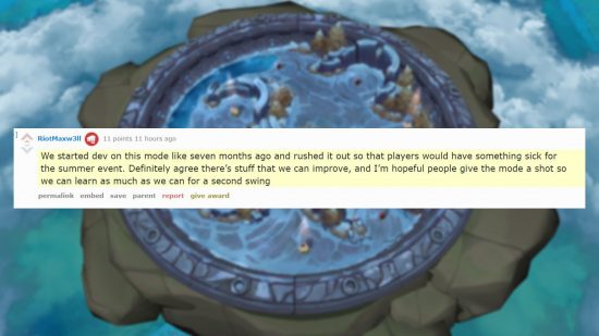 A comment from League of Legends developer Maxw3ll discussing the state of new LoL mode Arena