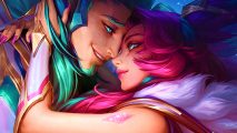 League of Legends Blue Essence Emporium-um homem de cabelos verdes e uma senhora de cabelos rosa, touch cabeças juntas em um abraço suave