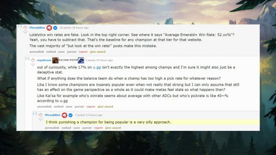 A comment thread on Reddit from Riot developer Phreak on nerfing League of Legends champions that are popular