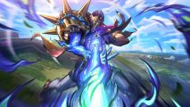 League of Legends May membuang format Moba dengan mod baru: Seorang lelaki di Golden Armor mensasarkan laras senapang besar yang bersinar menembak biru sebagai tenaga ungu berputar di sekelilingnya