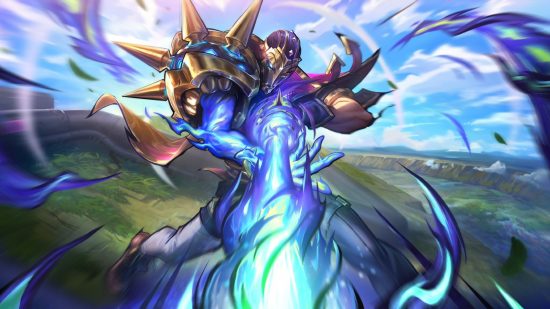 League of Legends may ditch the MOBA format with new modes: A man in golden armor aims down the barrel of a huge rifle that glows blue firing as purple energy swirls around him