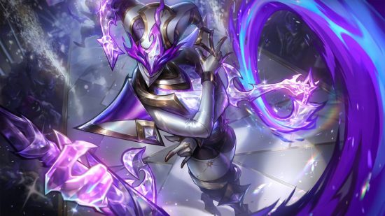 League of Legends' controversial Arena mode has delayed new champions: A clown-like character wearing white and gold stands conjuring purple magic from his hands in a stony area as waterfalls crash around him