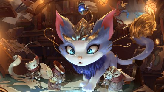 A small gray and white cat wearing a golden crown stands looking down at an open book with bright blue eyes in a workshop environment