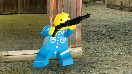 Lego Half-Life 2: Un pequeño hombre de Lego sosteniendo una escopeta en una versión mod de Valve FPS Half-Life 2