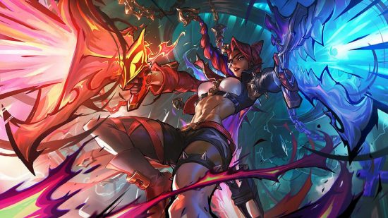 League of Legends Arena mode tier list: a female wearing an eye patch dives backwars and fires both of her handguns in an explosion of color.